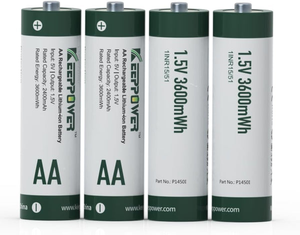 Keeppower Li-ion AA Rechargeable Batteries 1.5V 3600mWh Lithium Double A Battery (4 Pack)