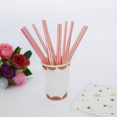 Iridescent Pink Coral Cocktail Paper Straws, Disposable 7.75 Inches, Pack of 100