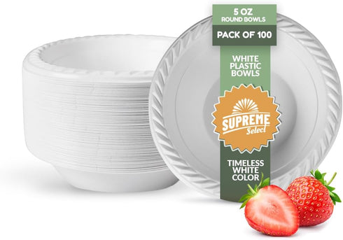 White Disposable Plastic Bowls - Pack of 100, 5oz Microwave Safe Soup/Salad/Dessert Bowls