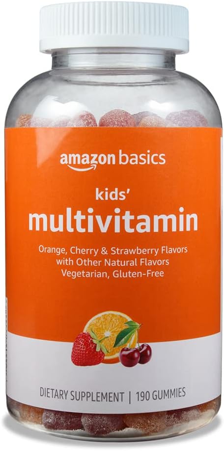 Amazon Basics Kids' Multivitamin Gummies, 190 Count | Orange, Cherry & Strawberry (Previously Solimo)