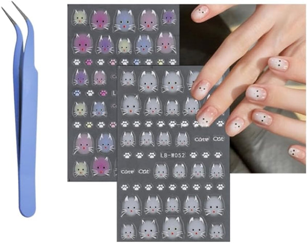 5D Embossed Nail Stickers with Tweezer, 4 Sheets Self-Adhesive Cute Cat Pattern Nail Art Supplies for Women