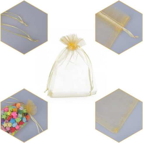 G2PLUS Gold Organza Bags, 4×6 Inches, 100PCS with Drawstring, Sheer Mesh Jewelry Pouches for Christmas