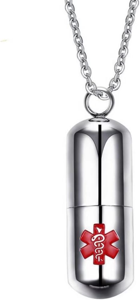 DIB Stainless Steel Medical Alert ID Pill Bottle Pendant Necklace, 20" Free Chain