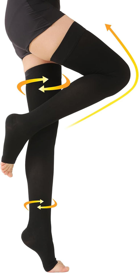 MGANG Medical Thigh High Compression Stockings, Pair, Open Toe, 20-30 mmHg Graduated Compression Support, Black