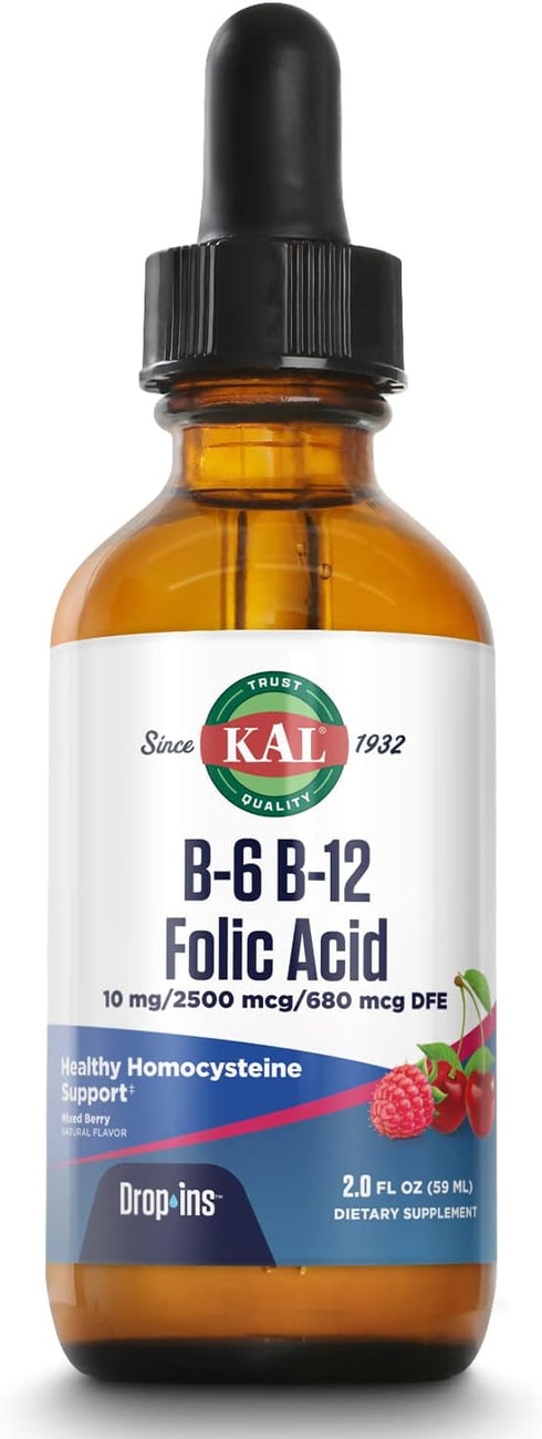 KAL Vitamin B-6 B-12 Folic Acid DropIns, Liquid Vitamin B Supplement Drops, 2oz, 59 Servings, Natural Mixed Berry