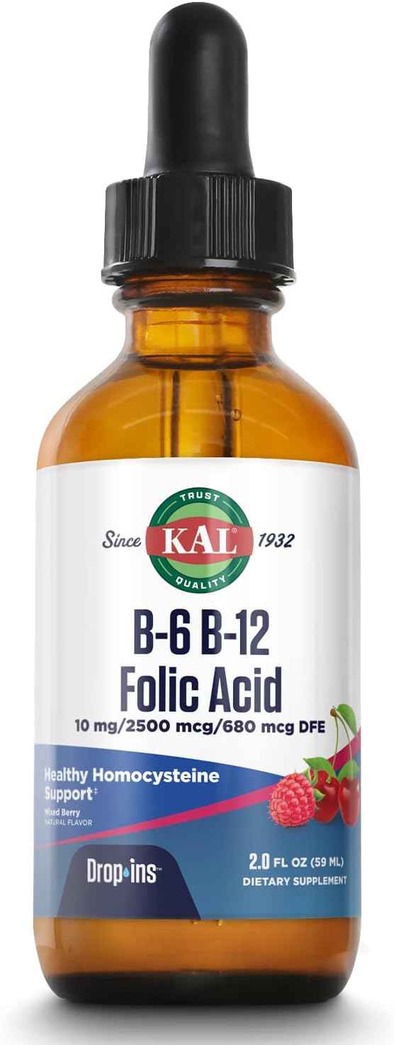 KAL Vitamin B-6 B-12 Folic Acid DropIns, Liquid Vitamin B Supplement Drops, 2oz, 59 Servings, Natural Mixed Berry