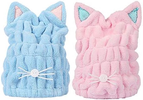 OrangeTag 2Pcs Ultra Absorbent Microfiber Hair Drying Towel, Cute Kitty Ears Cap for Women and Girls