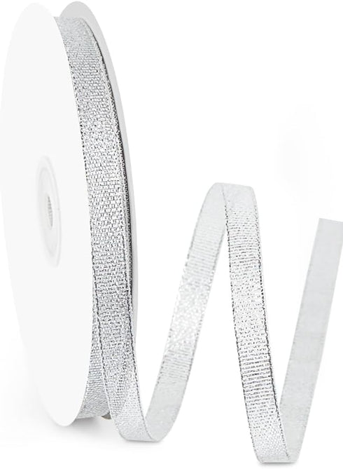 3/8" Width x 50 Yards Metallic Glitter Ribbon, Silver Glitter for Gift Wrapping, Festival Decoration, Wedding, Christmas