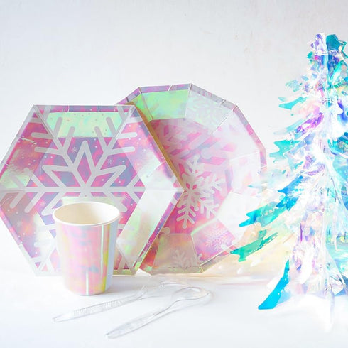 Snowflake Wonderland Party Supplies, Disposable Glitter Iridescent Pink Paper Plates Freezing Winter Tableware