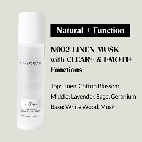 N002 100ml In Your Glow LINEN MUSK Long-Lasting Clean Fabric & Room Mist Spray | Unisex Luxury Fragrance Spray & Odor