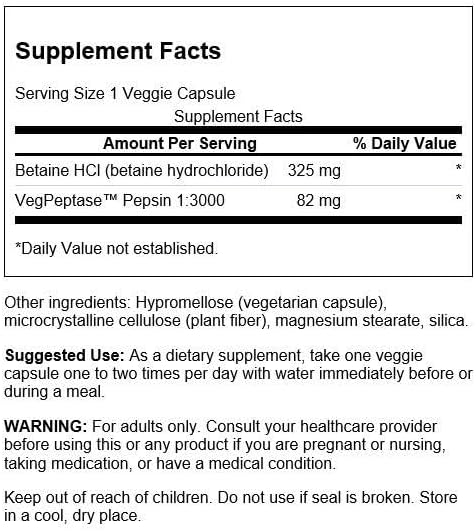 Swanson Hydrochloric Acid w/Pepsin, 250 Capsules