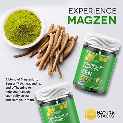 ZEN Magnesium Gummies - Premium Sensoril Ashwagandha Gummies with L-Theanine for Calm & Stress Support (30 Green Apple