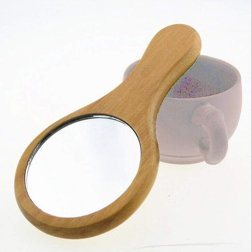 Mini Portable Wood Makeup Mirror, Handmade Round Cosmetic Mirror with Single Handle, 7.1x 13.5cm Size