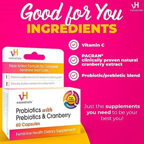 vH Essentials Probiotics for Women with Prebiotics, Cranberry & Vitamin C - 60 Capsules, Vaginal & Gut Health