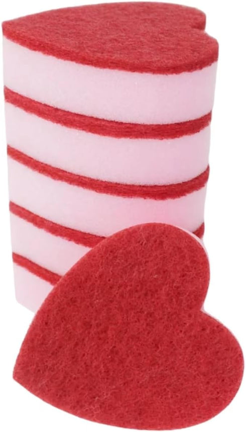 Heart Shaped Dual-Sided Kitchen Sponge - Scrubber for Washing Dishes, Pots, and Household Cleaning (Pink, 6 Pack)