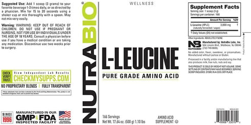NutraBio Leucine Amino Acid Supplement, Muscle Growth and Recovery, Vegan, Non-GMO, Gluten Free, 500 Grams