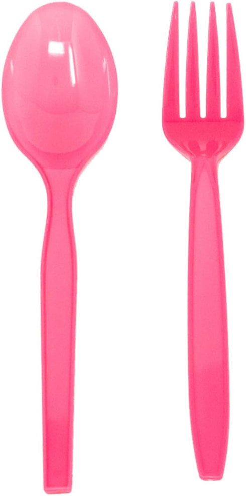 Hot Pink Spoon and Fork Set - 50 Each Lightweight Plasticware for Parties, Disposable Cutlery