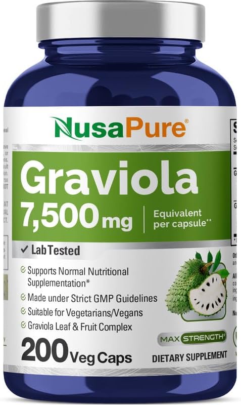 NusaPure Graviola 200 Veggie Caps, 7,500 mg Equivalent, Non-GMO Extract 20:1