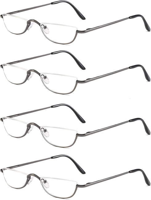 KoKoBin Half Reading Glasses, 4 Pairs Gunmetal Metal Frame Spring Hinge Readers for Men and Women, 2.25