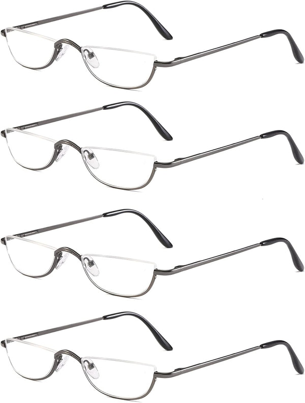 KoKoBin Half Reading Glasses, 4 Pairs Gunmetal Metal Frame Spring Hinge Readers for Men and Women, 2.25
