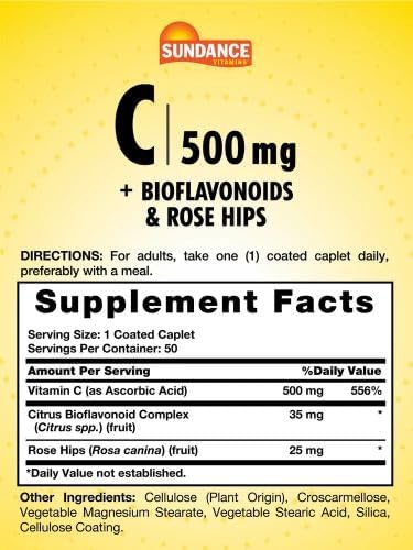 Vitamin C 500mg with Bioflavonoids and Rose HIPS | Vegetarian, Non-GMO, and Gluten Free | Essential Vitamin Supplement | by Sundance