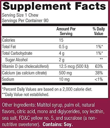 Bariatric Advantage Calcium Citrate Chewy Bites 500 mg, Sugar-Free Chewable Calcium Supplement with Vitamin D3,