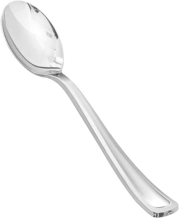 50 Pack 6.9 Inch Heavy Duty Silver Plastic Spoons, Disposable Serving Utensils for Catering, Parties, Dinners, Weddings