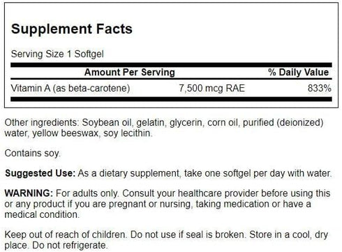 Swanson Beta-Carotene Vitamin A 25000 IU Softgels - Skin, Eye, and Immune System Health - Antioxidant Support - 7500 mcg (300 Softgels)