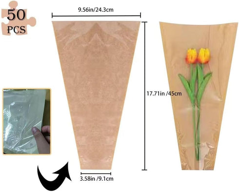 JYWRAPAER 50 Pack Packaging 9.8x3.9x17.9 Inches Flower Bags for Bouquets, Brown Kraft Flower Bouquet Bags, Wrapping