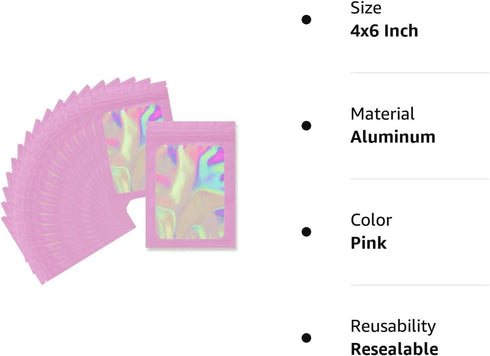 100 Pack Mylar Bags, 4 x 6 Inch Resealable Smell Proof Foil Pouch with Front Window Pink