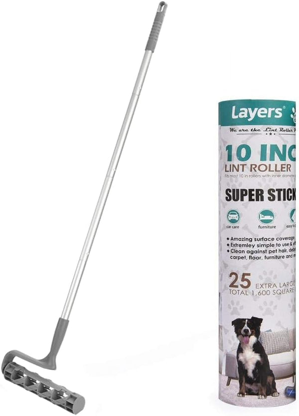 Layers Large Pet Mega Cleaning Floor Roller - Long Sticky Mop with 4-Foot Extendable Handle, 10in Wide Roller