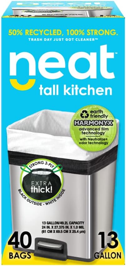 Neat Tall Kitchen 13 Gallon Drawstring Trash Bags - 40 COUNT - Eco-Friendly 50% Recycled Material, Triple Ply, Odor