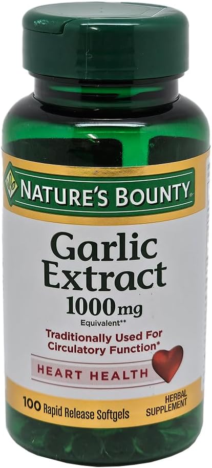 Nature's Bounty Garlic Extract 1000 mg, Promotes Heart Health and Cholesterol Support, 100 Rapid Release Softgels