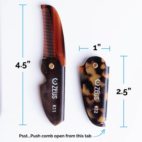 ZEUS Folding Mustache Comb for Men - Handmade Saw-Cut Pocket Comb for Beard & Moustache Grooming (Traditional) K11