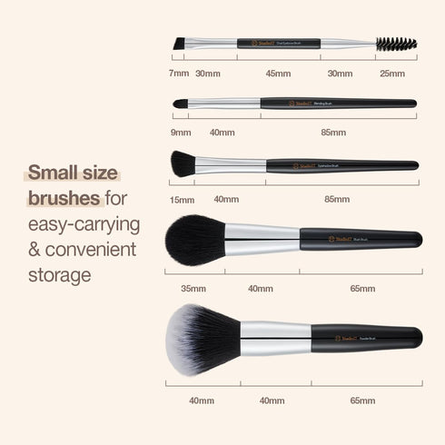 Travel Makeup Brush Set, 5 Pcs Essential Face & Eye Brushes, Portable Makeup Pouch & Brush Cover Included
