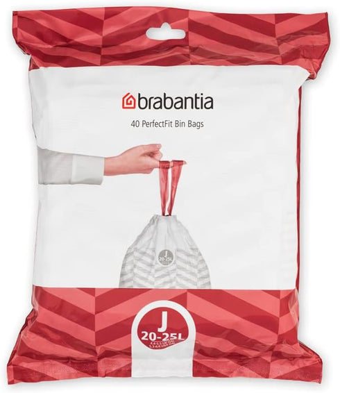 Brabantia PerfectFit Trash Bags, Size J, 5.3-6.6 Gal, Thick Plastic Liners with Drawstring (40 Bags)