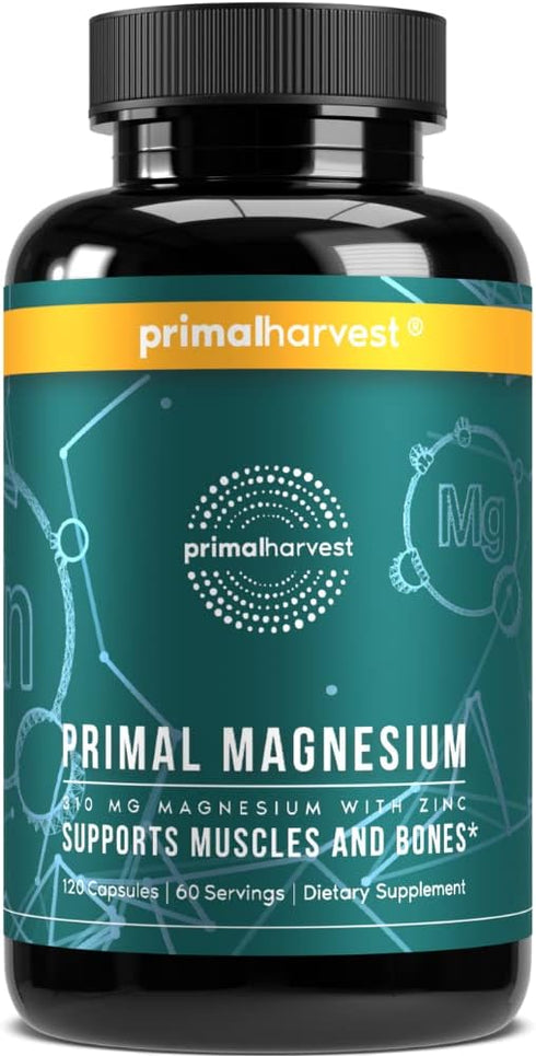 Primal Harvest Magnesium Supplement Complex 310mg with Glycinate, Citrate, Malate, and Zinc, 120 Capsules