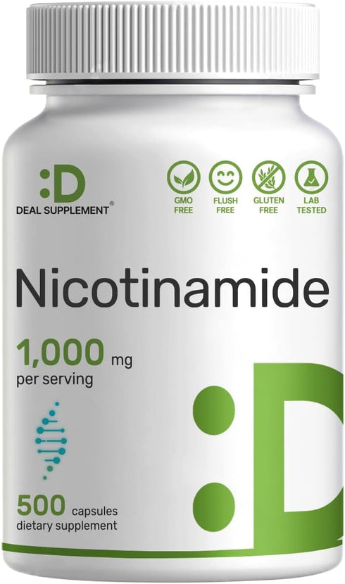Vitamin B3 Nicotinamide 1,000mg - 500 Capsules, Flush Free Niacin for Healthy Skin & Energy Production, Non-GMO