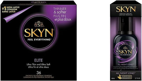 SKYN Elite 36 ct Condoms and All Night Long Premium Silicone-Based Lubricant Bundle