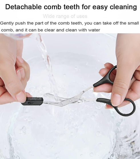 Professional Precision Eyebrow Trimmer Scissors with Comb, Black Silver Tone, Grooming for Men Women.