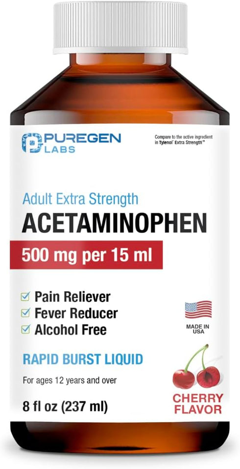 Puregen Labs Adult Extra Strength Acetaminophen Liquid 500mg/15ml - 8 fl oz Pain Reliever/Fever Reducer, Cherry Flavor