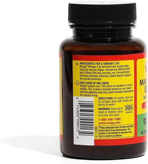 Bragg Vegan Omega 3 Supplement - 60 Softgels, Sustainably Sourced Marine Algae, Supports Brain, Eye & Heart Health