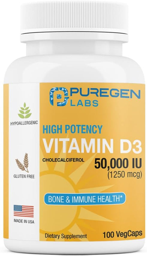 Puregen Labs Vitamin D3 50,000 IU - 100 Vegetable Capsules for Healthy Muscle Function & Immune Support, Non-GMO &