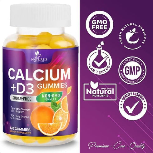 Sugar Free Calcium Gummy Bites, Plus 400 IU Vitamin D3, Bone Health & Immune Support, 120 Gummies