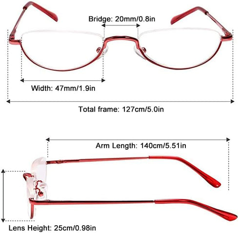 REAVEE 3 Pack Half Frame Retro Designer Alloy Reading Glasses for Women Men with Pouch, Red Gold Silver, 2.25