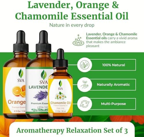 Set SVA Lavender, Orange & Chamomile Essential Oil Bundle Super Saver Combo Premium Grade Aromatherapy Relaxation