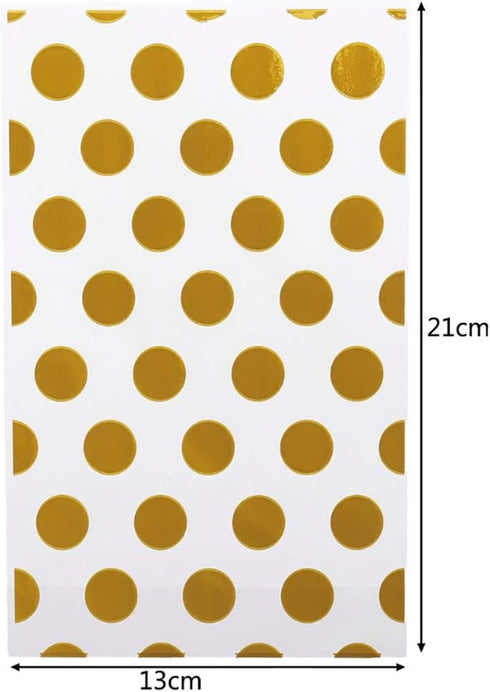 JHere 100 Pack 100Pcs 5.1'' 8.2'' 1.5'' Gold Polka Dot Candy Bags with Gold Metallic Twist Ties, Clear Plastic Treat