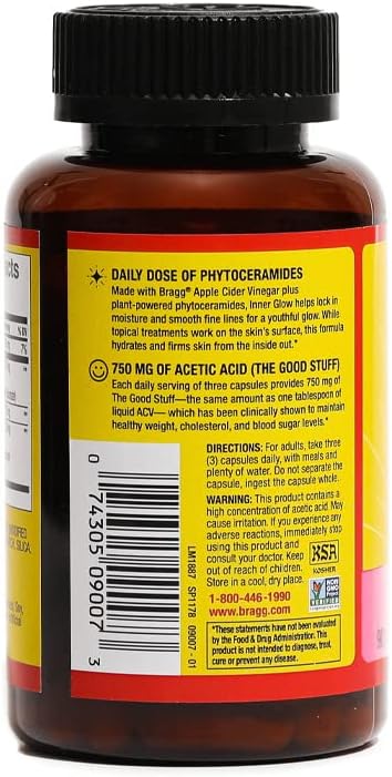 Bragg Inner Glow Apple Cider Vinegar and Phytoceramide Capsules - 750mg Acetic Acid for Energy & Weight Management