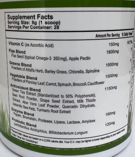 Super Omega Greens Complete Superfood Supplement with Greens, Vegetables, Flax, Fiber, Antioxidants, Enzymes,