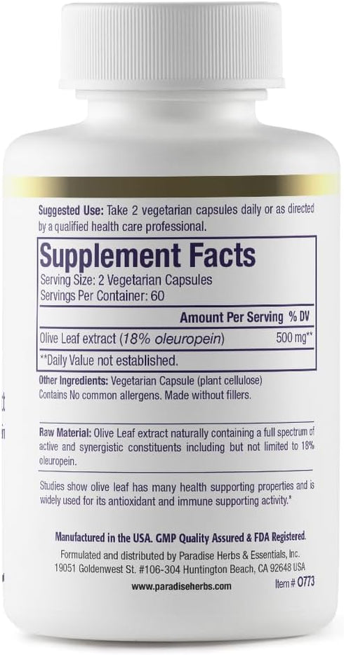 Paradise Herbs Olive Leaf Extract, Super Potent, Ultra Pure, Non-GMO, Vegan, Gluten Free, 120 Vegetarian Capsules